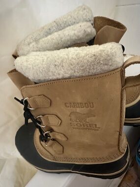 Sorel Tan Caribou Waterproof Winter Boot with White Fleece Cuff